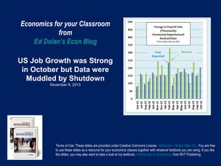 Economics for your Classroom
from
Ed Dolan’s Econ Blog
US Job Growth was Strong
in October but Data were
Muddled by Shutdown
November 8, 2013

Terms of Use: These slides are provided under Creative Commons License Attribution—Share Alike 3.0 . You are free
to use these slides as a resource for your economics classes together with whatever textbook you are using. If you like
the slides, you may also want to take a look at my textbook, Introduction to Economics, from BVT Publishing.

 