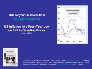 Data for your Classroom from
Ed Dolan’s Econ Blog
US Inflation hits Four-Year Low
on Fall in Gasoline Prices
Nov. 21, 2013

Terms of Use: These slides are provided under Creative Commons License Attribution—Share Alike 3.0 . You are free
to use these slides as a resource for your economics classes together with whatever textbook you are using. If you like
the slides, you may also want to take a look at my textbook, Introduction to Economics, from BVT Publishing.

 