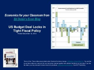 Economics for your Classroom from
Ed Dolan’s Econ Blog
US Budget Deal Locks in
Tight Fiscal Policy
Posted December 12, 2013

Terms of Use: These slides are provided under Creative Commons License Attribution—Share Alike 3.0 . You are free
to use these slides as a resource for your economics classes together with whatever textbook you are using. If you like
the slides, you may also want to take a look at my textbook, Introduction to Economics, from BVT Publishing.

 