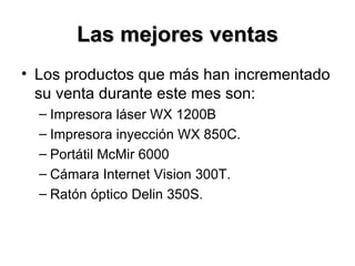 Las mejores ventas Los productos que más han incrementado su venta durante este mes son: Impresora láser WX 1200B Impresora inyección WX 850C. Portátil McMir 6000 Cámara Internet Vision 300T. Ratón óptico Delin 350S. 