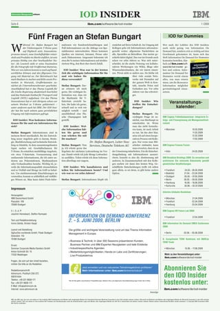 Seite 8                                                                                                            ibm.com/software/de/iod-insider                                                                                                                                             1 | 2009



                         Fünf Fragen an Stefan Bungart                                                                                                                                                                                       IOD for Dummies


W
            ährend Dr. Stefan Bungart bei                                   mationen wie Kundenrückmeldungen und                                        zunächst auf ihren Gehalt ab. Im Umgang mit                                  Wer nach der Lektüre des IOD Insiders
            der Telekomsparte T-Home ganz                                   Pull-Informationen wie die Abfrage von Spe-                                 Kollegen gebe ich Informationen adressaten-                                  noch nicht genug von Information On
            auf Hightech setzt, Innovations-                                zialdiensten unterscheiden. Hinzu kommen                                    gerecht weiter: allgemeine Nachrichten an                                    Demand hat, sondern erst so richtig auf den
prozesse steuert, neue Geschäftsfelder entwi-                               Quellen wie Internet, Intranet, Presse oder                                 alle, Spezielles an Betroffene. Das meiste ge-                               Geschmack gekommen ist, kann sich das
ckelt und Produkte im Markt einführt, ist sein                              auch Diskussionen. Insgesamt bekomme ich                                    schieht dabei digital. Das war im Grunde auch                                Heft Information On Demand for Dummies
privates Hobby von eher beschaulicher Na-                                   etwa 80 % meiner Informationen auf struktu-                                 schon vor zehn Jahren so. Was sich unter-                                    kostenlos bestellen. Ein-
tur: Als Lowtech sieht er seine Faszination                                 riertem Weg, den Rest eher durch Zufall.                                    scheidet, ist die starke Nutzung von kollabo-                                fach auf ibm.com/soft-
für die Fotografie mit Großformat-Kameras.                                                                                                              rativen Werkzeugen wie Wikis, Blogs oder                                     ware/de/iod-insider ge-
Wie vor 100 Jahren kommt es noch auf hand-                                   IOD Insider: Was war in der letzten                                        Wissensdatenbanken, die wir intern einset-                                   hen und ordern. Infor-
werkliches Können und den filigranen Um-                                    Zeit die wichtigste Information für Sie                                     zen. Privat sieht es anders aus. Da bleibe ich                               mation On Demand for
gang mit Material an. Der Betriebswirt hat                                  und wie haben Sie                                                                                 über viele soziale Netz-                               Dummies verrät einem
nach Studium in Aachen und Köln sowie Pro-                                  diese verwendet?                                                                                  werke mit Freunden auf                                 alles, was man wissen
motion in Warwick, Großbritannien zu-                                                                                                                                         der ganzen Welt in Kon-                                muss, um die Ressource
nächst als Unternehmensberater gearbeitet.                                  Stefan Bungart: Dar-                                                                              takt, tausche Fotos und                                Information möglichst
Anschließend hat er das Thema Logistik für                                  an erinnere ich mich                                                                              Gedanken aus. Vor zehn                                 gewinnbringend einzu-
die irische Regierung akademisch bearbeitet                                 gerne. Die wichtigste In-                                                                         Jahren war das schwieri-                               setzen.
und das Nationale Institut für Transport und                                formation war, dass wir                                                                           ger.
Logistik (NITL) aufgebaut. Um das Thema                                     die Marktziele für T-
Innovationen hat er sich übrigens schon vor
seinem Wechsel zu T-Home gekümmert –
                                                                            Entertain erreicht ha-
                                                                            ben. Die habe ich gerne,
                                                                                                                                                                                         IOD Insider: Wie
                                                                                                                                                                                       treffen Sie Entschei-
                                                                                                                                                                                                                                               Veranstaltungs-
unter anderem auch bei IBM. Der IOD Insi-                                   schnell und so weit wie                                                                                    dungen?                                                    kalender:
der hat ihn nach seinem ganz persönlichen                                   möglich verteilt – und
Umgang mit Informationen gefragt.                                           anschließend eine Fla-                                             Stefan Bungart: Die
                                                                            sche Champagner kalt                                               wichtigste Frage ist zu-                                                              IBM Cognos Frühstücksseminar: Integrierte Er-
  IOD Insider: Was bedeuten Informa-                                        gestellt.                                                          nächst, was überhaupt zu                                                              folgs- und Finanzplanung als Managementinst-
tionen für Sie und wie informieren Sie                                                                                                         entscheiden ist. Wenn                                                                 rument
sich?                                                                         IOD Insider: Wel-                                                man das nicht formulie-
                                                                            che Information hät-                                               ren kann, ist noch Arbeit                                                                • München                                10.03.2009
Stefan Bungart: Informationen sind in                                       ten Sie gerne und                                                  zu tun. Ist das aber klar,                                                                                                        11.03.2009
meinem Beruf unerlässlich. Bei der Entwick-                                 was würden Sie mit                                                 setze ich auf einen koope-                                                                                                        12.03.2009
lung neuer Angebote geht es darum, Strate-                                  ihr machen?                                                        rativen Prozess mit Kolle-                                                                                                        17.03.2009
gie, Marktforschung und technische Entwick-                                                             Dr. Stefan Bungart, Leiter New gen. Nur wenn man Mit-
lung zu bündeln. In dem zusammengefassten                                   Stefan Bungart: Nun Services, Deutsche Telekom AG                  arbeiter einbindet, kann                                                              IBM Cognos Finance Forum:
Input suchen wir Geschäftschancen für                                       ja, ich wüsste gerne das                                           man erwarten, dass sie an
T-Home. So entstehen marktfähige Angebote,                                  Ergebnis der nächsten Lottoziehung im Vor-    der Umsetzung mitarbeiten. Um die Entschei-                                                                   • Köln                                   24.03.2009
wie etwa T-Entertain. Voraussetzung sind                                    aus. Damit würde ich jede Menge Lottoschei-   dungsfindung mit Informationen anzurei-
umfassende Informationen, die ich unter an-                                 ne ausfüllen. Teilen würde ich diese Informa- chern, braucht es also die Abstimmung mit                                                                  IBM Breakfast Briefings 2009: So verwalten und
derem aus Präsentationen, Marktanalysen                                     tion allerdings nur ungern.                   anderen. In Zusammenarbeit mit den Kolle-                                                                  archivieren Sie relevante Dokumente gemäß
oder Verkaufszahlen beziehe. Wichtig ist, je-                                                                             gen suchen wir dann den besten Weg. Ge-                                                                    gesetzlichen Verpflichtungen.
weils die Informationsqualität einzuschätzen                                  IOD Insider: Wie kanalisieren und           schäftliche Entscheidungen treffe ich selten
und so Vielfalt und Menge im Griff zu behal-                                teilen Sie Informationen heute? Und           ganz allein, es sei denn, es gibt keine andere                                                                • Frankfurt                   24.03.– 26.03.2009
ten. Um eindimensionale Einschätzungen zu                                   wie war es vor zehn Jahren?                   Option.                                                                                                       • Bielefeld                  21.04. – 23.04.2009
vermeiden, kommt es schließlich auf vielfälti-                                                                                                                                                                                          • Stuttgart                  05.05. – 07.05.2009
ges Wissen an. Man kann dabei Push-Infor-                                   Stefan Bungart: Informationen klopfe ich                                                                                                                    • Berlin                     26.05. – 28.05.2009
                                                                                                                                                                                                                                        • Hamburg                    16.06. – 18.06.2009
                                                                                                                                                                                                                                        • Karlsruhe                  30.06. – 02.07.2009
Impressum
                                                                                                                                                                                                                                     Informix Infobahn Roadshow:
Herausgeber:
IBM Deutschland GmbH                                                                                                                                                                                                                    • München                                21.04.2009
Pascalstr. 100                                                                                                                                                                                                                          • Frankfurt                              22.04.2009
70569 Stuttgart                                                                                                                                                                                                                         • Hamburg                                23.04.2009

V. i. S. d. P:                                                                                                                                                                                                                       IBM Cognos HR Future Lab 2009:
Joachim Hennebach, Steffen Ramsaier
                                                                                      InformatIon on DemanD Konferenz                                                                                                                   • Frankfurt                               27.04.2009
Text und Redaktionsleitung:
Immo Gehde, Kirsten Haupt
                                                                                      2. – 5. JunI 2009, BerlIn                                                                                                                      IBM Information On Demand EMEA Conference
                                                                                                                                                                                                                                     2009:
Layout und Gestaltung:                                                                 Die größte und wichtigste Veranstaltung rund um das Thema Information  
OgilvyOne worldwide GmbH, Filiale Stuttgart                                            Management in Europa:                                                                                                                            • Berlin                     02.06. – 05.06.2009
Ostendstr. 110
70188 Stuttgart                                                                                                                                                                                                                      9. Europäische TDWI Konferenz mit BARC@
                                                                                       ·   usiness & Technik: In über 300 Sessions präsentieren Kunden,  
                                                                                         B                                                                                                                                           TDWI Track:
Druck:                                                                                   Business Partner und IBM Experten Neuigkeiten und tiefe Einblicke
Sommer Corporate Media Elanders GmbH                                                   · Industriespezifische Agenden                                                                                                                   • München                     15.06. – 17.06.2009
Anton-Schmidt-Str. 15                                                                  ·   eiterbildungsmöglichkeiten, Hands-on Labs und Zertifizierungen,  
                                                                                         W
71332 Waiblingen                                                                                                                                                                                                                        Mehr zu den Veranstaltungen unter:  
                                                                                         Live-Produktdemos
                                                                                                                                                                                                                                        ibm.com/software/de/iod-insider 
Fragen, die sich auf den Inhalt beziehen,
richten Sie bitte an die Redaktion.

Redaktionsanschrift:
                                                                                                           Jetzt anmelden und von reduzierten Teilnahmegebühren profitieren*
                                                                                                           Mehr Informationen unter: ibm.com/de/events/iodconf                                                                         Abonnieren Sie
Adremcom, Postfach 250 372
50519 Köln                                                                                                                                                                                                                             den IOD Insider
                                                                                                                                                                                                                                       kostenlos unter:
Telefon: +49 221 9928-171                                                              *Bis 29. Mai gelten verschiedene Preisstaffelungen. Weitere Infos und allgemeine Geschäftsbedingungen finden Sie im Web. 
Fax: +49 221 9928-172
E-Mail: info@adremcom.de
Internet: www.adremcom.de                                                                                                                                                                                                              ibm.com/software/de/iod-insider 
                                                                                                                                                                                                                 Anzeige


IBM, das IBM Logo, ibm.com und weitere im Text erwähnte IBM Produktnamen sind Marken oder eingetragene Marken der International Business Machines Corporation in den USA und/oder anderen Ländern. Microsoft und Windows sind Marken oder eingetragene Marken der Microsoft Corporation in den USA und/oder
anderen Ländern. SAP und weitere im Text erwähnte SAP Produkte und Dienstleistungen sowie die entsprechenden Logos sind Marken oder eingetragene Marken der SAP AG in Deutschland und anderen Ländern weltweit. Marken anderer Unternehmen/Hersteller werden anerkannt. © Copyright IBM Corporation 2009.
Alle Rechte vorbehalten.
 