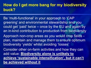 How do I get more bang for my biodiversity
buck?
Be ‘multi-functional’ in your approach to ‘CAP
greening’ and environmental stewardship and you
could get ‘paid’ twice – once by the EU and again by
an in-kind contribution to production from biodiversity
Approach non-crop areas as you would crop fields -
plan, maintain and manage them to ensure optimum
biodiversity ‘yields’ whilst avoiding ‘losses’
Consider other on-farm activities and how they can
add value: Biodiversity alone is unlikely to
achieve ‘sustainable intensification’, but it can’t
be achieved without it
 