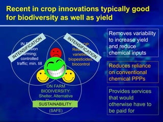 Recent in crop innovations typically good
for biodiversity as well as yield
IN FIELD:
Precision
farming;
controlled
traffic; min. till
IN CROP:
Resistant
varieties;
biopesticides;
biocontrol
ON FARM
BIODIVERSITY:
Shelter, Alternative
prey, Floral resources,
Environment
(SAFE)
Removes variability
to increase yield
and reduce
chemical inputs
Reduces reliance
on conventional
chemical PPPs
Provides services
that would
otherwise have to
be paid for
SUSTAINABILITY
 