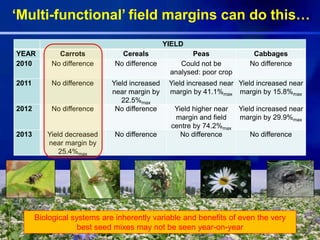 ‘Multi-functional’ field margins can do this…
YIELD
YEAR Carrots Cereals Peas Cabbages
2010 No difference No difference Could not be
analysed: poor crop
No difference
2011 No difference Yield increased
near margin by
22.5%max
Yield increased near
margin by 41.1%max
Yield increased near
margin by 15.8%max
2012 No difference No difference Yield higher near
margin and field
centre by 74.2%max
Yield increased near
margin by 29.9%max
2013 Yield decreased
near margin by
25.4%max
No difference No difference No difference
Biological systems are inherently variable and benefits of even the very
best seed mixes may not be seen year-on-year
 
