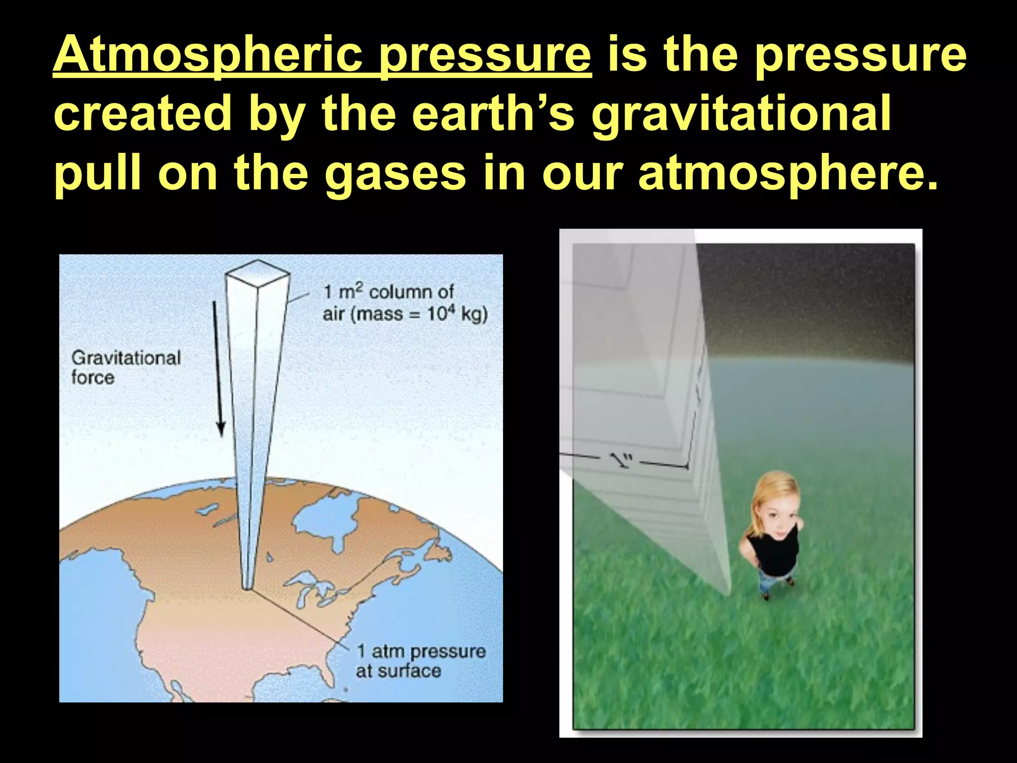 Atmospheric pressure is the pressure
created by the earth’s gravitational
pull on the gases in our atmosphere.
 