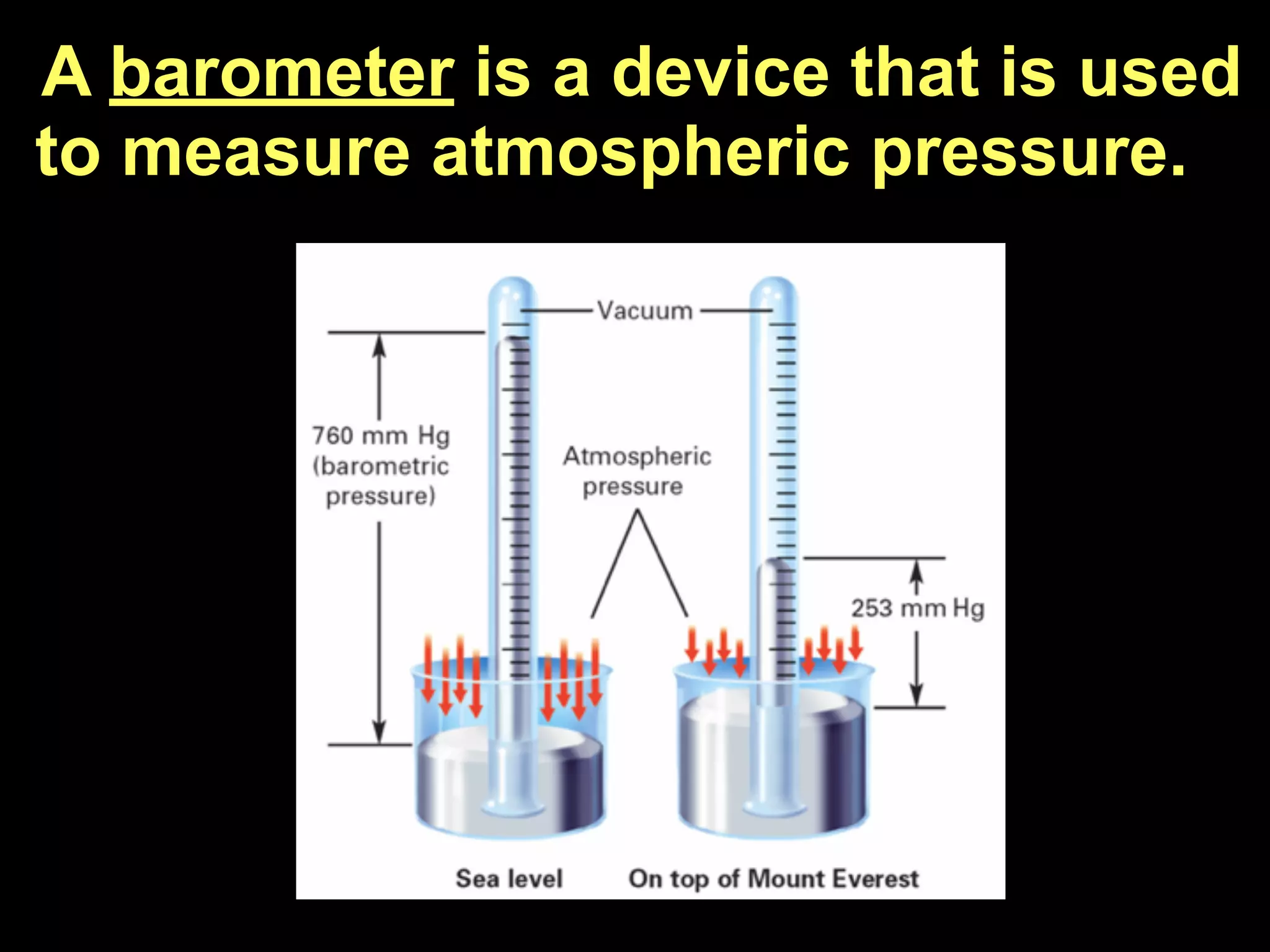 A barometer is a device that is used
to measure atmospheric pressure.
 