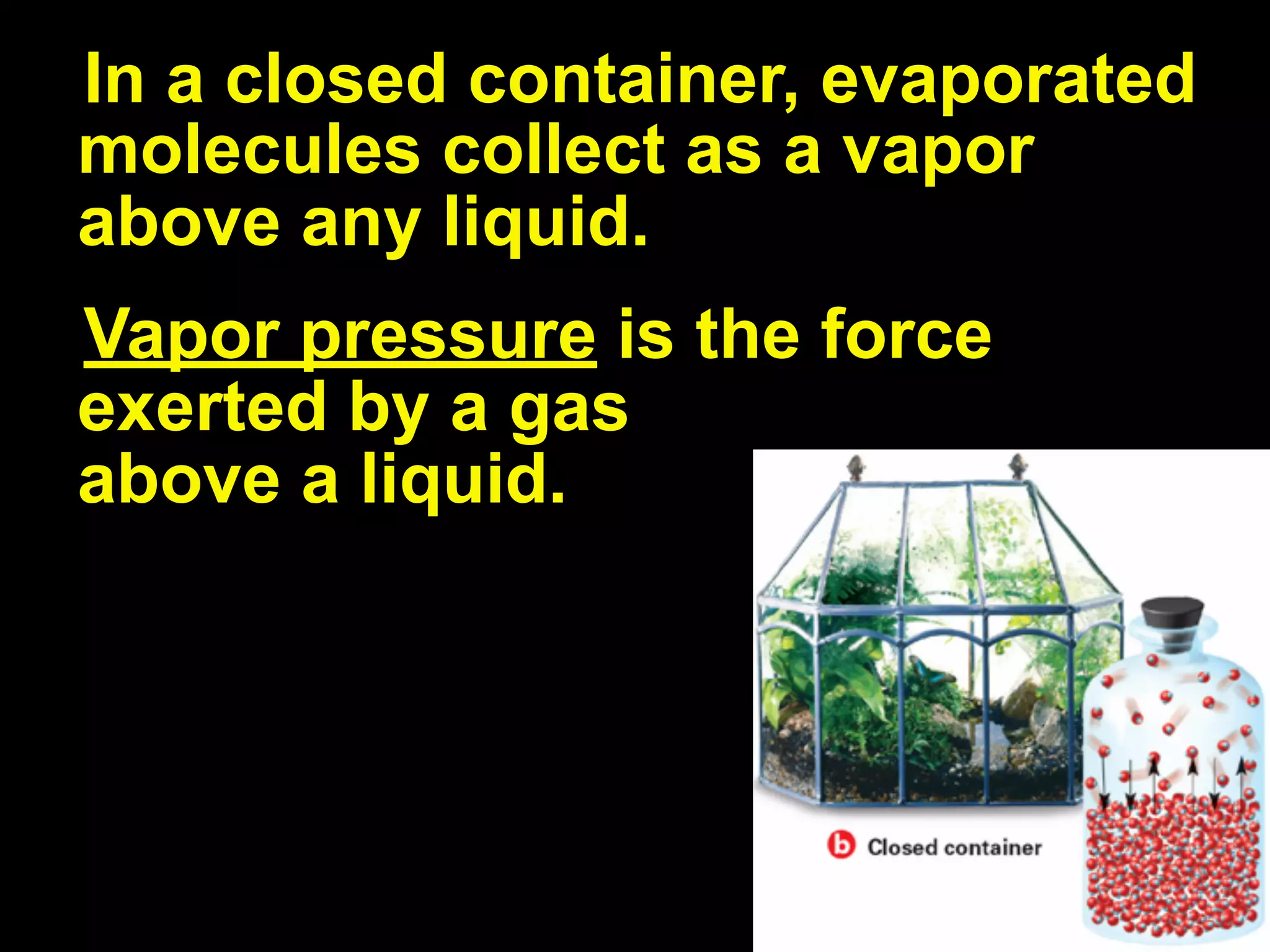 13.2
In a closed container, evaporated
molecules collect as a vapor
above any liquid.
Vapor pressure is the force
exerted by a gas
above a liquid.
 