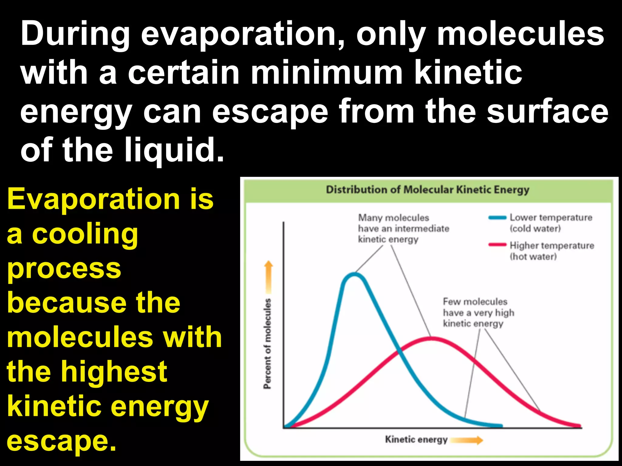 During evaporation, only molecules
with a certain minimum kinetic
energy can escape from the surface
of the liquid.
Evaporation is
a cooling
process
because the
molecules with
the highest
kinetic energy
escape.
 