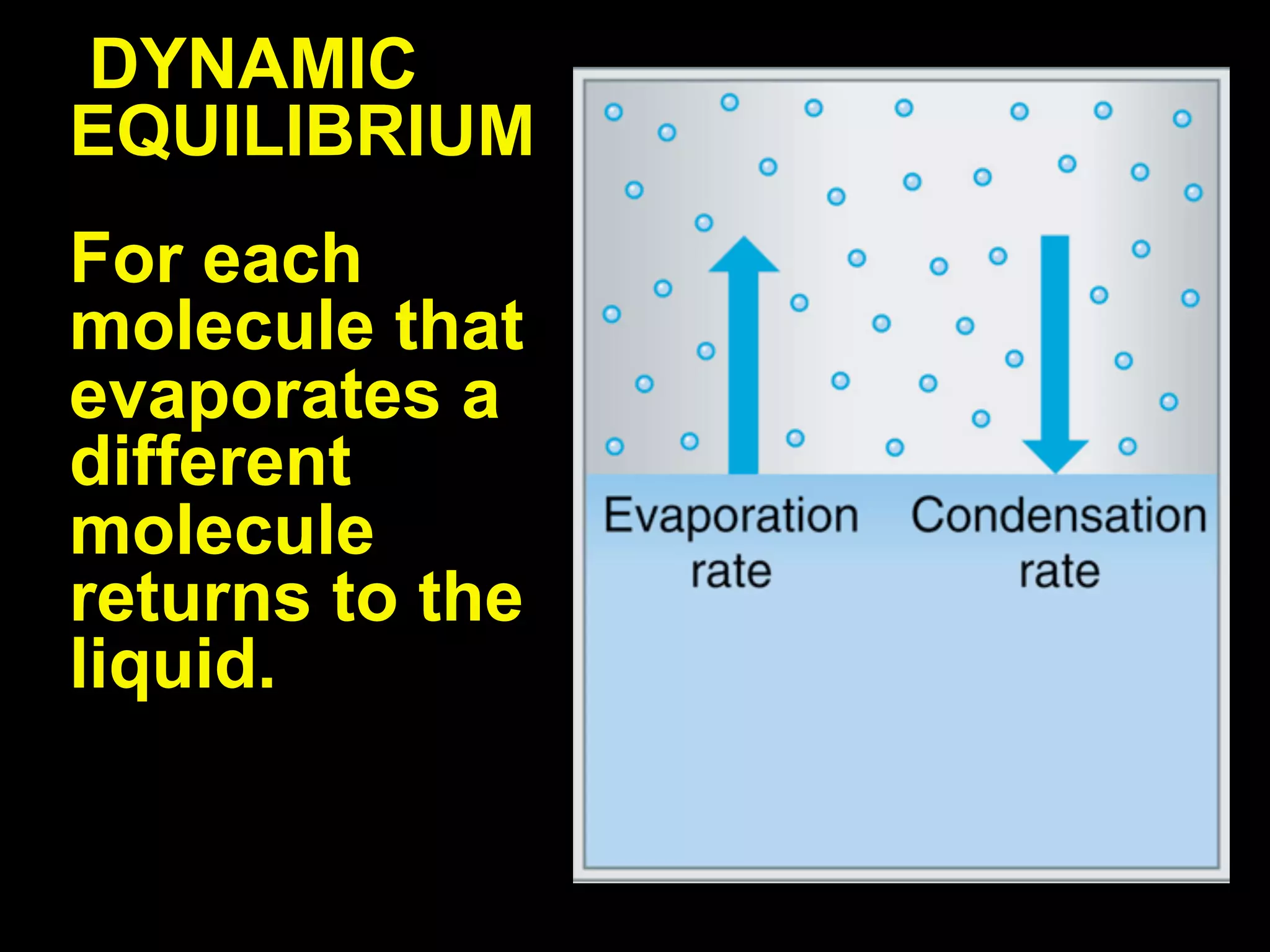DYNAMIC
EQUILIBRIUM
For each
molecule that
evaporates a
different
molecule
returns to the
liquid.
 