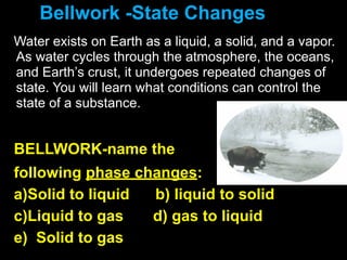 Bellwork -State Changes
Water exists on Earth as a liquid, a solid, and a vapor.
As water cycles through the atmosphere, the oceans,
and Earth’s crust, it undergoes repeated changes of
state. You will learn what conditions can control the
state of a substance.


BELLWORK-name the
following phase changes:
a)Solid to liquid b) liquid to solid
c)Liquid to gas   d) gas to liquid
e) Solid to gas
 