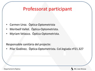 Professorat participant
• Carmen Uroz. Òptica-Optometrista
• Meritxell Vallet. Òptica-Optometrista.
• Myriam Velasco. Òptica-Optometrista.
Responsable sanitària del projecte:
• Pilar Godínez. Òptica-Optometrista. Col.legiada nº21.327

Departament d’òptica

INS. Joan Brossa

 