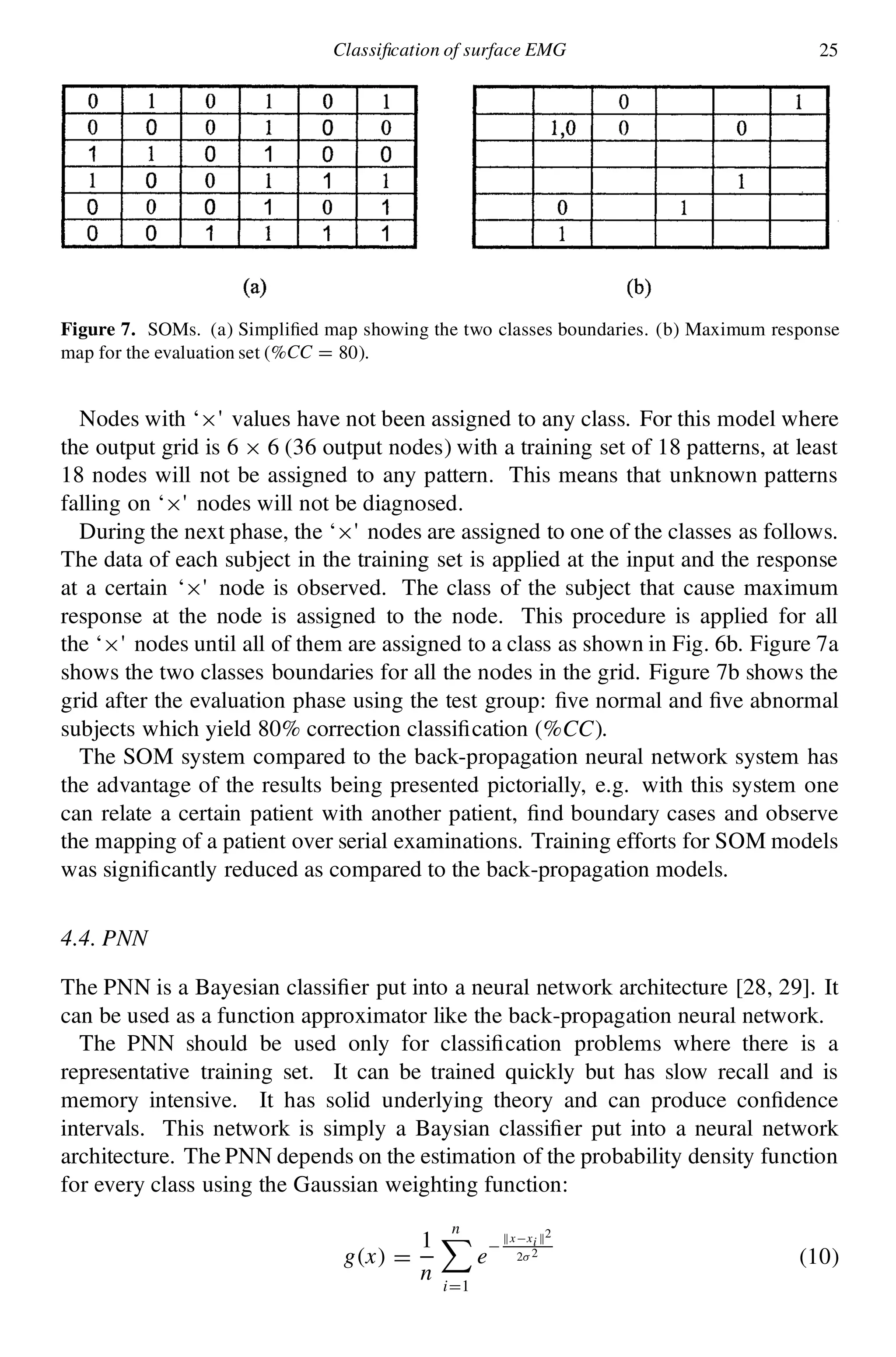 Classi cation of surface EMG 25
Figure 7. SOMs. (a) Simpli ed map showing the two classes boundaries. (b) Maximum response
map for the evaluation set (%CC D 80).
Nodes with ‘£’ values have not been assigned to any class. For this model where
the output grid is 6 £ 6 (36 output nodes) with a training set of 18 patterns, at least
18 nodes will not be assigned to any pattern. This means that unknown patterns
falling on ‘£’ nodes will not be diagnosed.
During the next phase, the ‘£’ nodes are assigned to one of the classes as follows.
The data of each subject in the training set is applied at the input and the response
at a certain ‘£’ node is observed. The class of the subject that cause maximum
response at the node is assigned to the node. This procedure is applied for all
the ‘£’ nodes until all of them are assigned to a class as shown in Fig. 6b. Figure 7a
shows the two classes boundaries for all the nodes in the grid. Figure 7b shows the
grid after the evaluation phase using the test group: ve normal and ve abnormal
subjects which yield 80% correction classi cation (%CC).
The SOM system compared to the back-propagation neural network system has
the advantage of the results being presented pictorially, e.g. with this system one
can relate a certain patient with another patient, nd boundary cases and observe
the mapping of a patient over serial examinations. Training efforts for SOM models
was signi cantly reduced as compared to the back-propagation models.
4.4. PNN
The PNN is a Bayesian classi er put into a neural network architecture [28, 29]. It
can be used as a function approximator like the back-propagation neural network.
The PNN should be used only for classi cation problems where there is a
representative training set. It can be trained quickly but has slow recall and is
memory intensive. It has solid underlying theory and can produce con dence
intervals. This network is simply a Baysian classi er put into a neural network
architecture. The PNN depends on the estimation of the probability density function
for every class using the Gaussian weighting function:
g.x/ D
1
n
nX
iD1
e
¡
kx¡xi k2
2¾ 2
(10)
 