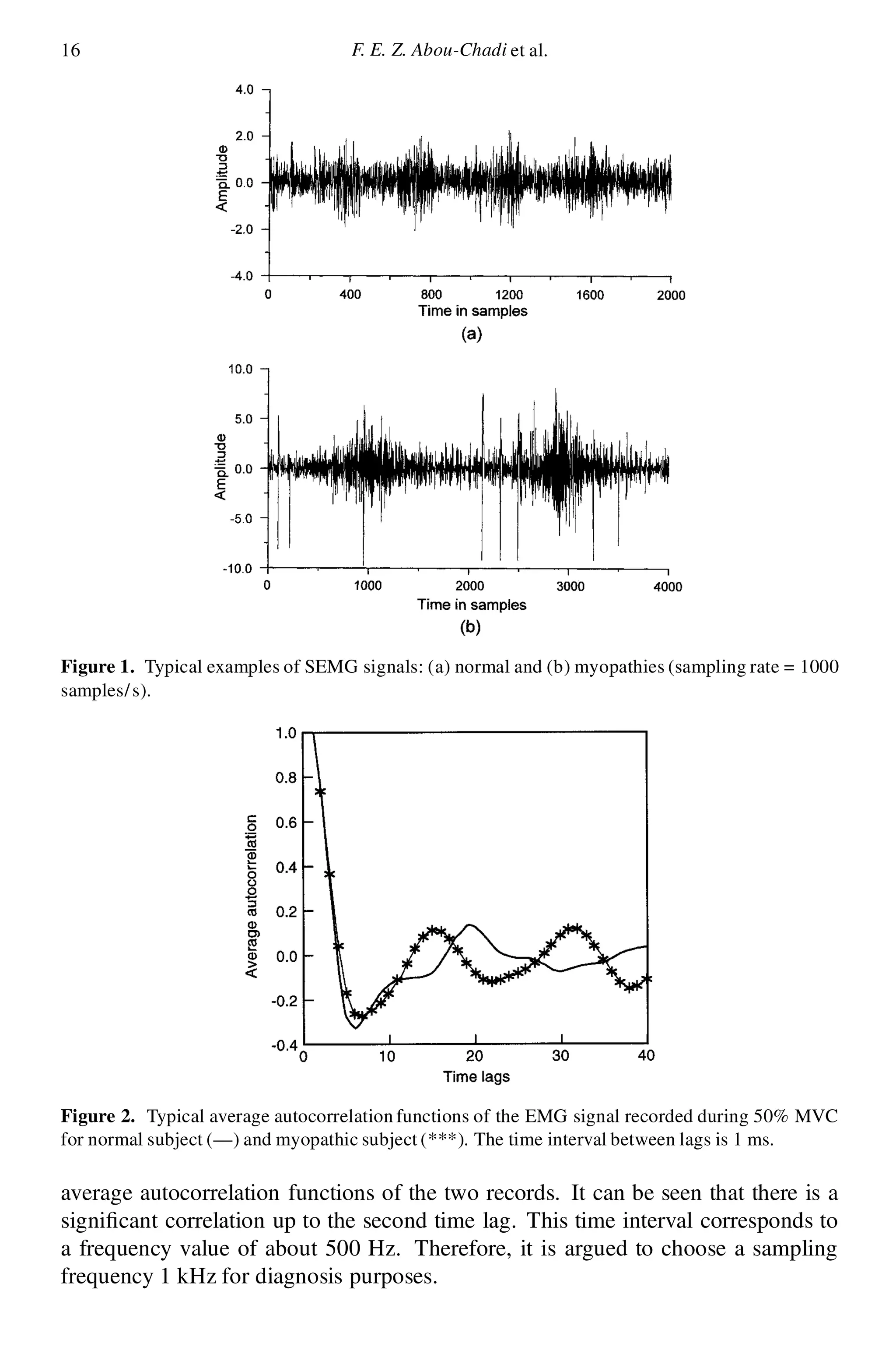 16 F. E. Z. Abou-Chadi et al.
Figure 1. Typical examples of SEMG signals: (a) normal and (b) myopathies (sampling rate = 1000
samples/s).
Figure 2. Typical average autocorrelation functions of the EMG signal recorded during 50% MVC
for normal subject (—) and myopathic subject (***). The time interval between lags is 1 ms.
average autocorrelation functions of the two records. It can be seen that there is a
signi cant correlation up to the second time lag. This time interval corresponds to
a frequency value of about 500 Hz. Therefore, it is argued to choose a sampling
frequency 1 kHz for diagnosis purposes.
 