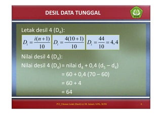 DESIL DATA TUNGGAL
Letak desil 4 (D4):
Nilai desil 4 (D4):
Nilai desil 4 (D4)= nilai d4 + 0,4 (d5 – d4)
= 60 + 0,4 (70 – 60)
= 60 + 4
= 64
6
( 1)
10
i
i n
D


4(10 1)
10
iD


44
4,4
10
iD  
P13_Ukuran Letak (Desil) (c) M. Jainuri, S.Pd., M.Pd
 