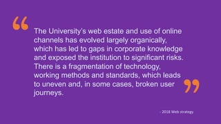 The University’s web estate and use of online
channels has evolved largely organically,
which has led to gaps in corporate knowledge
and exposed the institution to significant risks.
There is a fragmentation of technology,
working methods and standards, which leads
to uneven and, in some cases, broken user
journeys.
- 2018 Web strategy
“
”
 