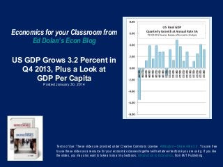 Economics for your Classroom from
Ed Dolan’s Econ Blog
US GDP Grows 3.2 Percent in
Q4 2013, Plus a Look at
GDP Per Capita
Posted January 30, 2014

Terms of Use: These slides are provided under Creative Commons License Attribution—Share Alike 3.0 . You are free
to use these slides as a resource for your economics classes together with whatever textbook you are using. If you like
the slides, you may also want to take a look at my textbook, Introduction to Economics, from BVT Publishing.

 