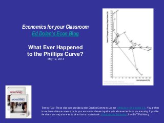 Economics for your Classroom
Ed Dolan’s Econ Blog
What Ever Happened
to the Phillips Curve?
May 12, 2014
Terms of Use: These slides are provided under Creative Commons License Attribution—Share Alike 3.0 . You are free
to use these slides as a resource for your economics classes together with whatever textbook you are using. If you like
the slides, you may also want to take a look at my textbook, Introduction to Economics, from BVT Publishing.
 
