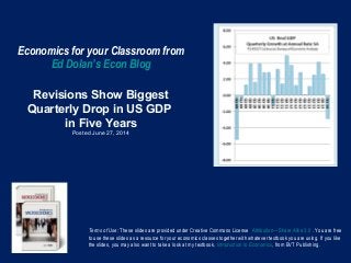 Economics for your Classroom from
Ed Dolan’s Econ Blog
Revisions Show Biggest
Quarterly Drop in US GDP
in Five Years
Posted June 27, 2014
Terms of Use: These slides are provided under Creative Commons License Attribution—Share Alike 3.0 . You are free
to use these slides as a resource for your economics classes together with whatever textbook you are using. If you like
the slides, you may also want to take a look at my textbook, Introduction to Economics, from BVT Publishing.
 