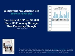 Economics for your Classroom from
Ed Dolan’s Econ Blog
First Look at GDP for Q2 2014
Show US Economy Stronger
Than Previously Thought
Posted July 30, 2014
Terms of Use: These slides are provided under Creative Commons License Attribution—Share Alike 3.0 . You are free
to use these slides as a resource for your economics classes together with whatever textbook you are using. If you like
the slides, you may also want to take a look at my textbook, Introduction to Economics, from BVT Publishing.
 