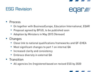 ESG Revision
 Process
 E4 together with BusinessEurope, Education International, EQAR
 Proposal agreed by BFUG, to be published soon
 Adoption by Ministers in May 2015 (Yerevan)
 Changes
 Close link to national qualifications frameworks and QF-EHEA
 Most significant changes to part 1 on internal QA
 Increased clarity and consistency
 Embrace diversity in external QA
 Transition
 All agencies (re-)registered based on revised ESG by 2020
 