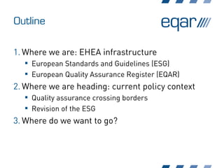 Outline
1. Where we are: EHEA infrastructure
 European Standards and Guidelines (ESG)
 European Quality Assurance Register (EQAR)
2. Where we are heading: current policy context
 Quality assurance crossing borders
 Revision of the ESG
3. Where do we want to go?
 