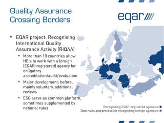 Quality Assurance
Crossing Borders
 EQAR project: Recognising
International Quality
Assurance Activity (RIQAA)
 More than 10 countries allow
HEIs to work with a foreign
(EQAR-registered) agency for
obligatory
accreditation/audit/evaluation
 Major development: before,
mainly voluntary, additional
reviews
 ESG serve as common platform,
sometimes supplemented by
national rules Recognising EQAR-registered agencies 
Own rules and process for recognising foreign agencies 
 