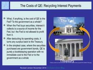 The Costs of QE: Recycling Interest Payments 
 What, if anything, is the cost of QE to the 
Fed? To the government as a whole? 
 When the Fed buys securities, interest it 
collects is a source of income for the 
Fed, but the Fed is not allowed to profit 
from it. 
 After deducting its operating costs, it 
turns any surplus back to the Treasury. 
 In the simplest case, where the securities 
purchased are government bonds, QE is 
purely a bookkeeping operation with no 
immediate cost to the Fed or to the 
government as a whole 
The Fed 
The 
Treasury 
Treasury photo by David Monack, http://commons.wikimedia.org/wiki/File:GallatinTreas.jpg 
Revised version November 2014 Ed Dolan’s Econ Blog 
 