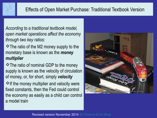 Effects of Open Market Purchase: Traditional Textbook Version 
According to a traditional textbook model, 
open market operations affect the economy 
through two key ratios: 
The ratio of the M2 money supply to the 
monetary base is known as the money 
multiplier 
The ratio of nominal GDP to the money 
supply is known as the velocity of circulation 
of money, or, for short, simply velocity 
If the money multiplier and velocity were 
fixed constants, then the Fed could control 
the economy as easily as a child can control 
a model train 
Revised version November 2014 Ed Dolan’s Econ Blog 
 