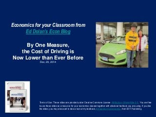 Economics for your Classroom from
Ed Dolan’s Econ Blog
By One Measure,
the Cost of Driving is
Now Lower than Ever Before
Dec. 29, 2014
Terms of Use: These slides are provided under Creative Commons License Attribution—Share Alike 3.0 . You are free
to use these slides as a resource for your economics classes together with whatever textbook you are using. If you like
the slides, you may also want to take a look at my textbook, Introduction to Economics, from BVT Publishing.
 