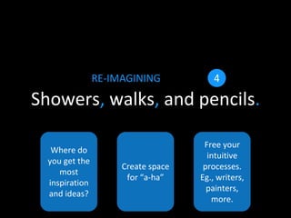 Showers, walks, and pencils.
RE-IMAGINING 4
Where do
you get the
most
inspiration
and ideas?
Create space
for “a-ha”
Free your
intuitive
processes.
Eg., writers,
painters,
more.
 