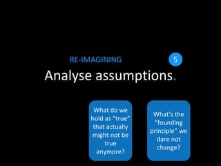 Analyse assumptions.
RE-IMAGINING 5
What do we
hold as “true”
that actually
might not be
true
anymore?
What’s the
“founding
principle” we
dare not
change?
 