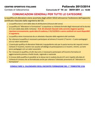 CENTRO SPORTIVO ITALIANO

Comitato di Vallecamonica

Pallavolo 2013/2014
Comunicato N° 14 del

30/01/201 ore 12:00

COMUNICAZIONI GENERALI PER TUTTE LE CATEGORIE:
La qualifica di allenatore viene accertata dagli arbitri SOLO attraverso l'esibizione dell'apposito
certificato rilasciato dalla segreteria del CSI.
o La qualifica dura 2 anni dalla data di attribuzione (chiusura del corso)
o La qualifica di “Allenatore in Formazione” si acquisisce su richiesta formale degli interessati ed ha durata
di 2 anni (dalla data delle richiesta) – N.B. Gli attestati rilasciati nella corrente stagione sportiva
riportano erroneamente, quale data di scadenza, il 31/12/2013 e vanno sostituiti coi nuovi disponibili
in segreteria.
o La qualifica viene riconosciuta da un attestato rilasciato dalla segreteria del comitato
o Per ottenere la qualifica è necessario partecipare ad almeno 9 incontri (7 tecnici + 2 psico-pedagogici
e/o sui valori associativi)
o L’eventuale qualifica di allenatore federale è equipollente solo per la parte tecnica dei requisiti minimi
richiesti (7 incontri), mentre non assolve all’obbligo di partecipazione ai 2 incontri, minimi, sui temi
psico-pedagogici e/o sui valori associativi
o Per rinnovare la qualifica, di altri due anni, è necessario partecipare all’incontro formativo di
aggiornamento previso a livello locale, regionale o nazionale
o Il rinnovo della qualifica è possibile se la stessa non è scaduta da più di 5 anni rispetto alla data di
richiesta di rinnovo che va formalizzata anche per ottenere l’attestato provvisorio di “allenatore in
formazione”
CONSULTARE IL CALENDARIO DEGLI INCONTRI FORMAZIONE DEL 1° TRIMESTRE 2104

 