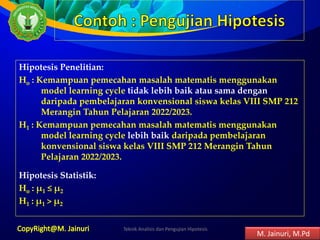 Hipotesis Penelitian:
Ho : Kemampuan pemecahan masalah matematis menggunakan
model learning cycle tidak lebih baik atau sama dengan
daripada pembelajaran konvensional siswa kelas VIII SMP 212
Merangin Tahun Pelajaran 2022/2023.
H1 : Kemampuan pemecahan masalah matematis menggunakan
model learning cycle lebih baik daripada pembelajaran
konvensional siswa kelas VIII SMP 212 Merangin Tahun
Pelajaran 2022/2023.
Hipotesis Statistik:
Ho : μ1 ≤ μ2
H1 : μ1 > μ2
Teknik Analisis dan Pengujian Hipotesis 11
M. Jainuri, M.Pd
 