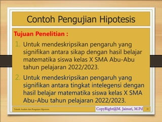 Contoh Pengujian Hipotesis
Tujuan Penelitian :
1. Untuk mendeskripsikan pengaruh yang
signifikan antara sikap dengan hasil belajar
matematika siswa kelas X SMA Abu-Abu
tahun pelajaran 2022/2023.
2. Untuk mendeskripsikan pengaruh yang
signifikan antara tingkat intelegensi dengan
hasil belajar matematika siswa kelas X SMA
Abu-Abu tahun pelajaran 2022/2023.
Teknik Analisis dan Pengujian Hipotesis 21
 