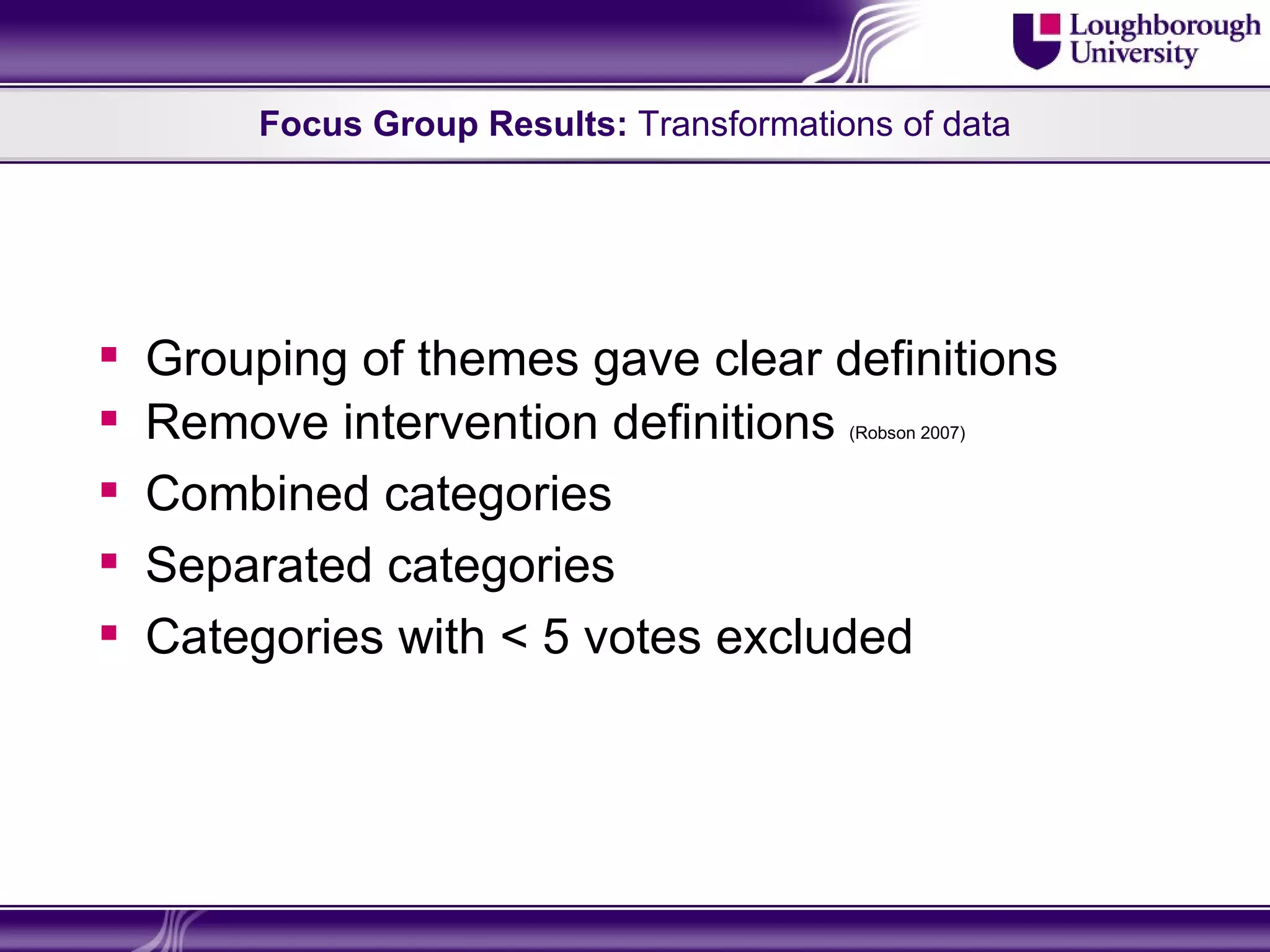Focus Group Results: Transformations of data




   Grouping of themes gave clear definitions
   Remove intervention definitions        (Robson 2007)


   Combined categories
   Separated categories
   Categories with < 5 votes excluded
 