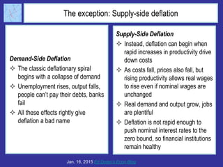 The exception: Supply-side deflation
Demand-Side Deflation
 The classic deflationary spiral
begins with a collapse of demand
 Unemployment rises, output falls,
people can’t pay their debts, banks
fail
 All these effects rightly give
deflation a bad name
Jan. 16, 2015 Ed Dolan’s Econ Blog
Supply-Side Deflation
 Instead, deflation can begin when
rapid increases in productivity drive
down costs
 As costs fall, prices also fall, but
rising productivity allows real wages
to rise even if nominal wages are
unchanged
 Real demand and output grow, jobs
are plentiful
 Deflation is not rapid enough to
push nominal interest rates to the
zero bound, so financial institutions
remain healthy
 