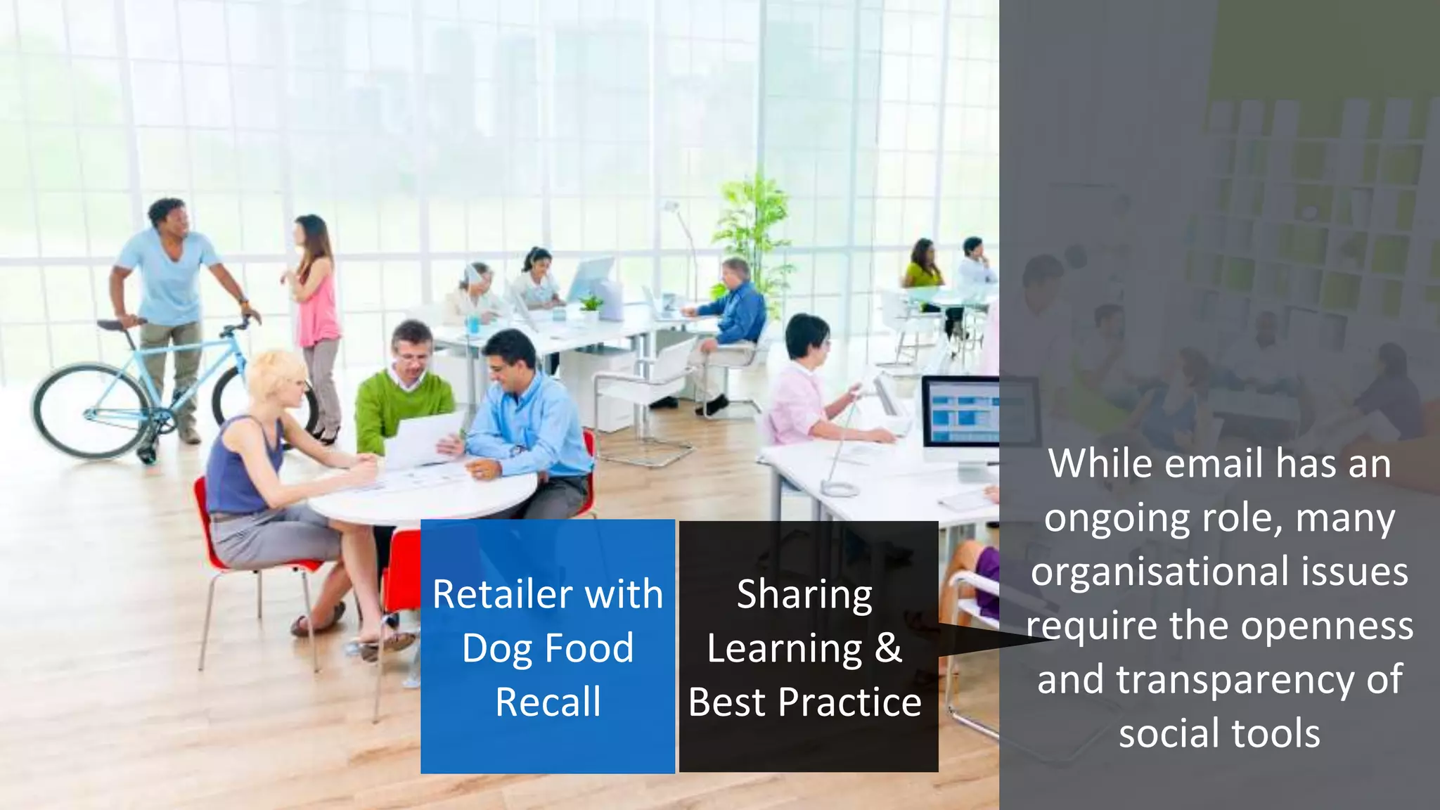 While email has an
ongoing role, many
organisational issues
require the openness
and transparency of
social tools
Retailer with
Dog Food
Recall
Sharing
Learning &
Best Practice
 