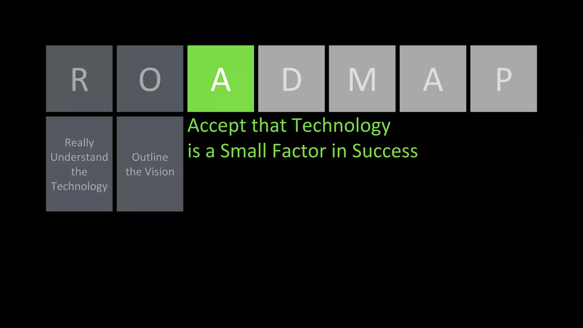 O A
Accept that Technology
is a Small Factor in SuccessOutline
the Vision
R
Really
Understand
the
Technology
D M A P
 