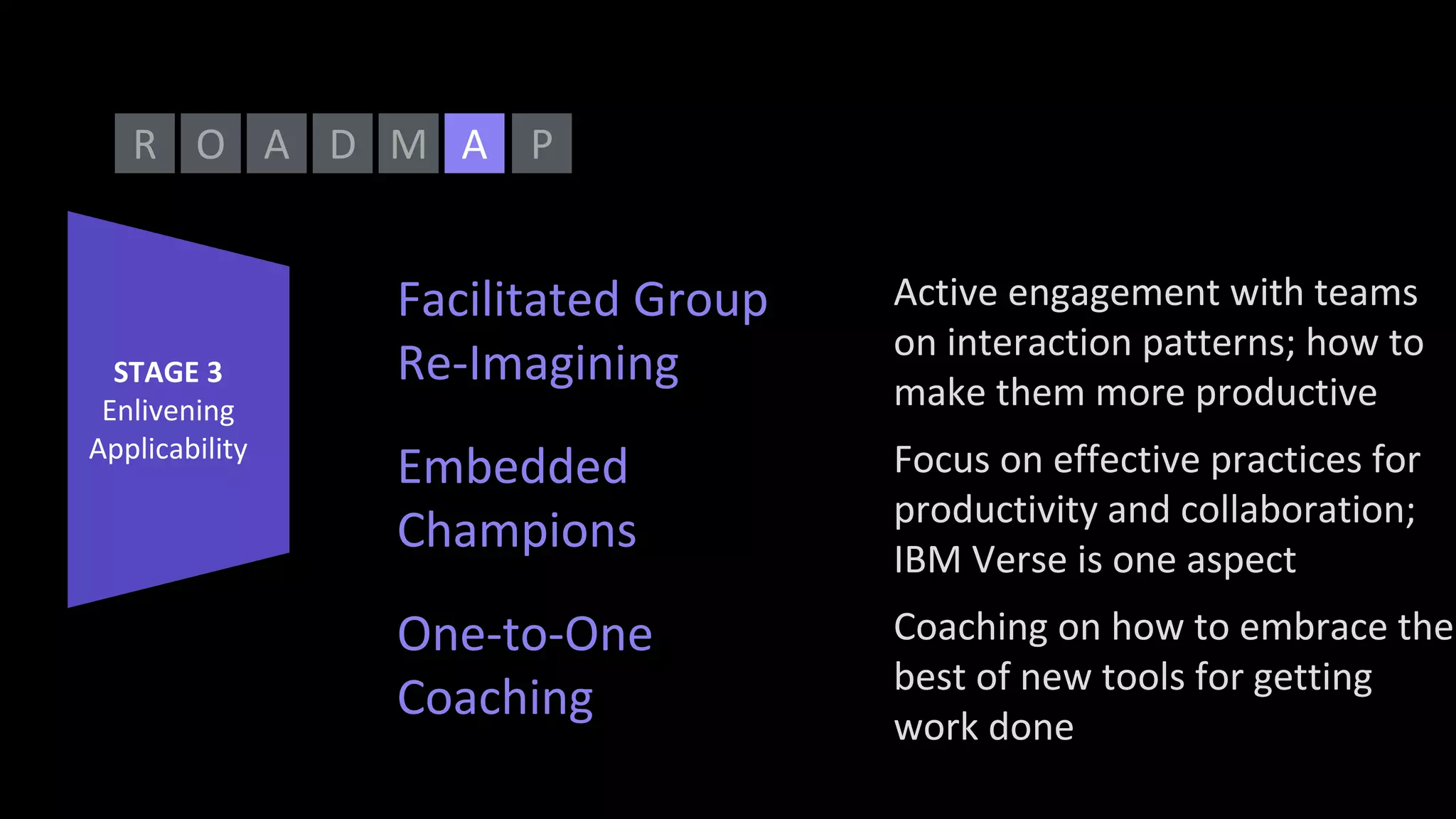 Facilitated Group
Re-Imagining
Active engagement with teams
on interaction patterns; how to
make them more productive
Embedded
Champions
Focus on effective practices for
productivity and collaboration;
IBM Verse is one aspect
O A D MR PA
STAGE 3
Enlivening
Applicability
One-to-One
Coaching
Coaching on how to embrace the
best of new tools for getting
work done
 