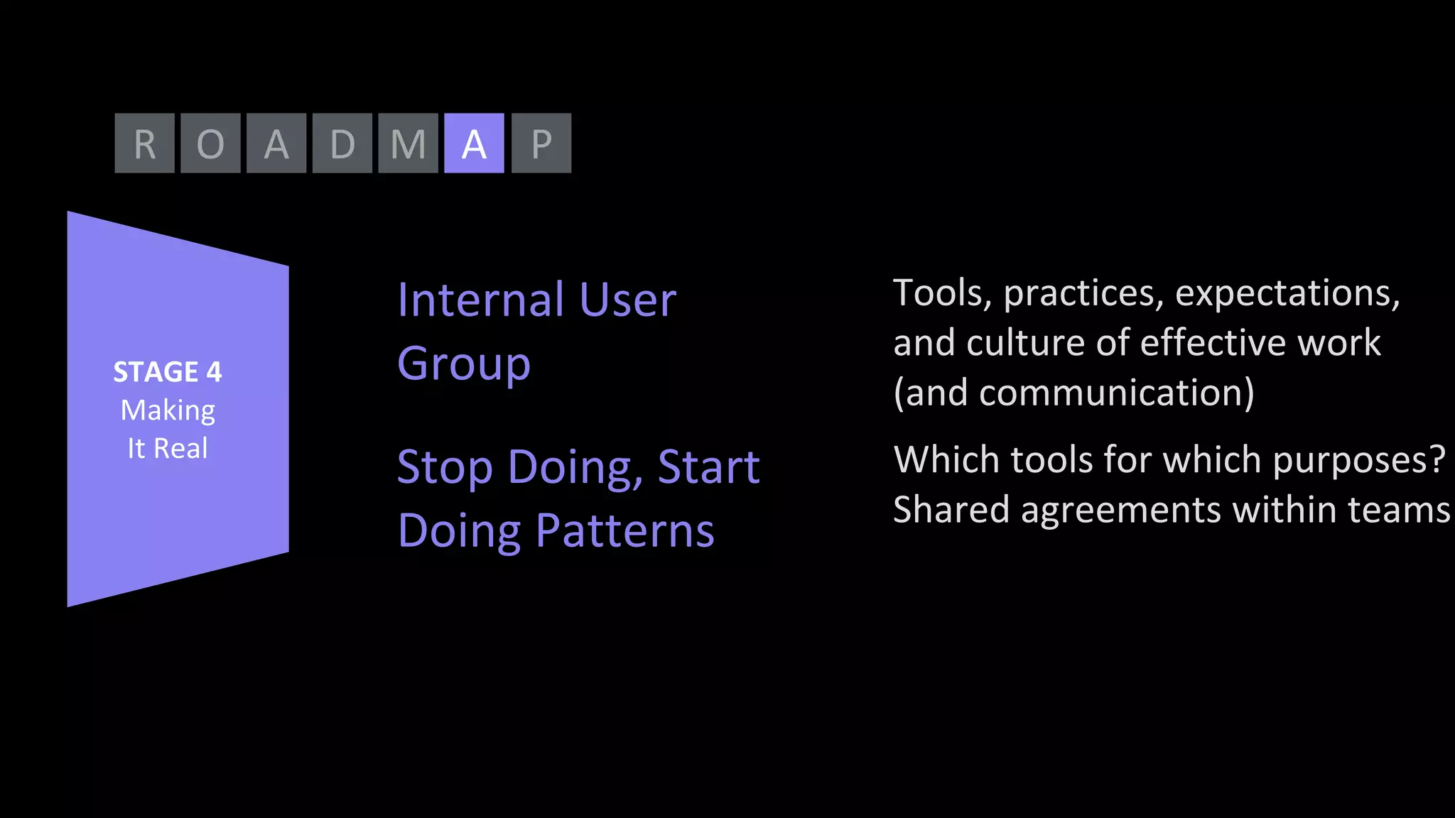 O A D MR PA
STAGE 4
Making
It Real
Internal User
Group
Tools, practices, expectations,
and culture of effective work
(and communication)
Stop Doing, Start
Doing Patterns
Which tools for which purposes?
Shared agreements within teams
 