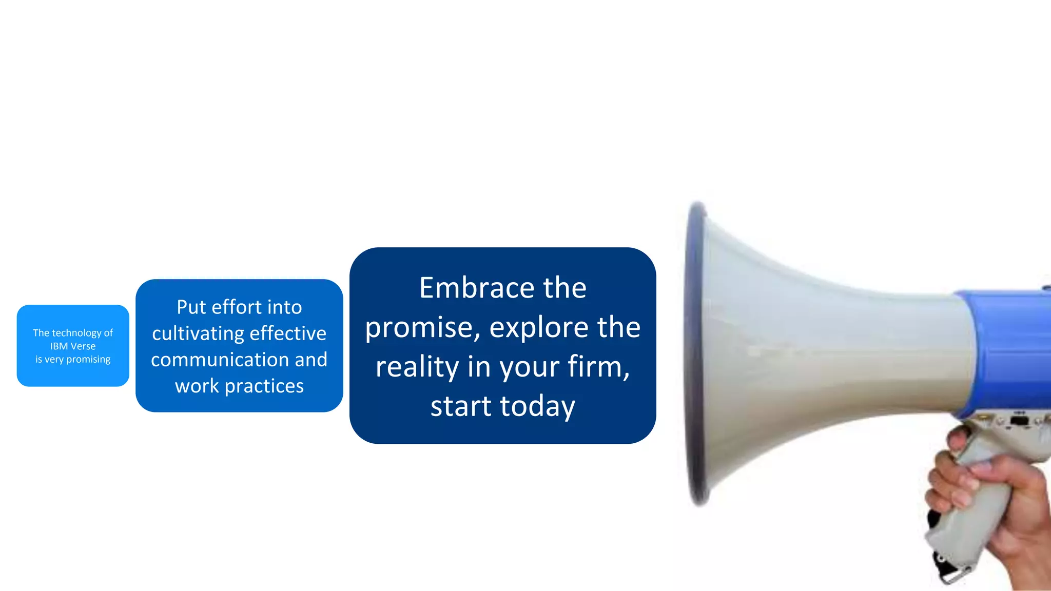 Embrace the
promise, explore the
reality in your firm,
start today
Put effort into
cultivating effective
communication and
work practices
The technology of
IBM Verse
is very promising
 