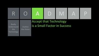 O A
Accept that Technology
is a Small Factor in SuccessOutline
the Vision
R
Really
Understand
the
Technology
D M A P
 
