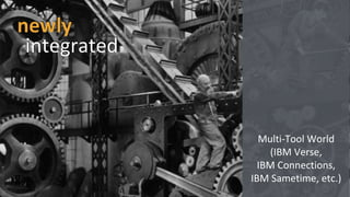 newly
Multi-Tool World
(IBM Verse,
IBM Connections,
IBM Sametime, etc.)
integrated
 