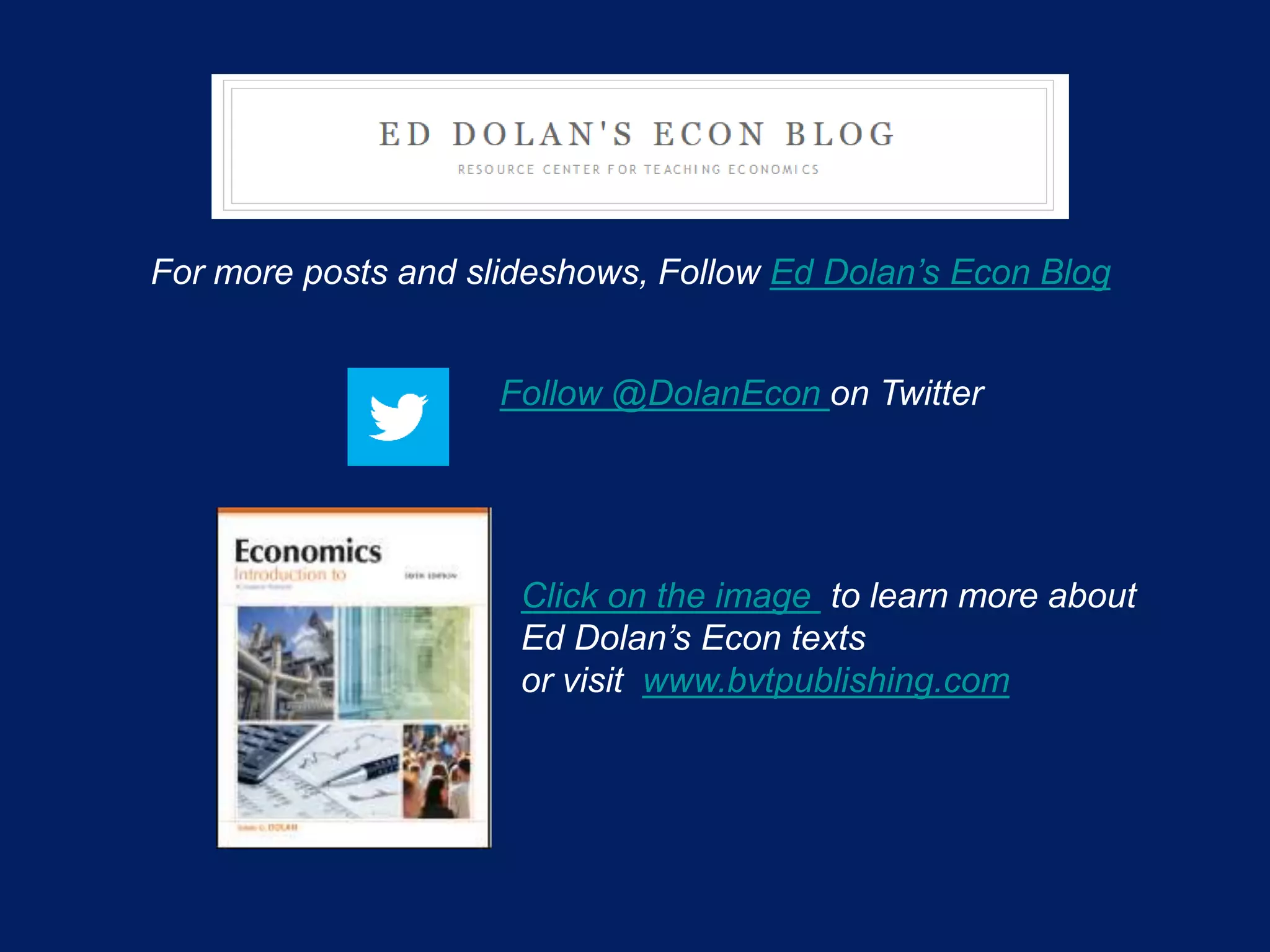 Click on the image to learn more about
Ed Dolan’s Econ texts
or visit www.bvtpublishing.com
For more posts and slideshows, Follow Ed Dolan’s Econ Blog
Follow @DolanEcon on Twitter
 