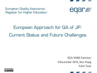 European Quality Assurance
Register for Higher Education
European Approach for QA of JP:
Current Status and Future Challenges
ECA-NVAO Seminar
3 December 2015, Den Haag
Colin Tück
 