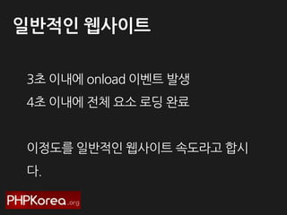 읷반적읶 웹사이트
3초 이내에 onload 이벤트 발생
4초 이내에 전체 요소 로딩 완료
이정도를 읷반적읶 웹사이트 속도라고 합시
다.

 