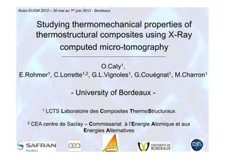 Avizo EUGM 2012 – 30 mai au 1er juin 2012 - Bordeaux



          Studying thermomechanical properties of
          thermostructural composites using X-Ray
                computed micro-tomography

                             O.Caty1,
E.Rohmer1, C.Lorrette1,2, G.L.Vignoles1, G.Couégnat1, M.Charron1

                             - University of Bordeaux -

             1   LCTS Laboratoire des Composites ThermoStructuraux

     2   CEA centre de Saclay – Commissariat à l’Energie Atomique et aux
                             Energies Alternatives
 