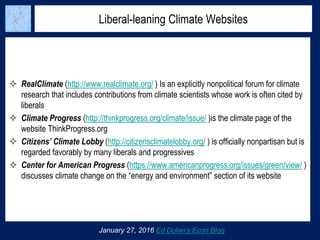 Liberal-leaning Climate Websites
January 27, 2016 Ed Dolan’s Econ Blog
 RealClimate (http://www.realclimate.org/ ) Is an explicitly nonpolitical forum for climate
research that includes contributions from climate scientists whose work is often cited by
liberals
 Climate Progress (http://thinkprogress.org/climate/issue/ )is the climate page of the
website ThinkProgress.org
 Citizens’ Climate Lobby (http://citizensclimatelobby.org/ ) is officially nonpartisan but is
regarded favorably by many liberals and progressives
 Center for American Progress (https://www.americanprogress.org/issues/green/view/ )
discusses climate change on the “energy and environment” section of its website
 