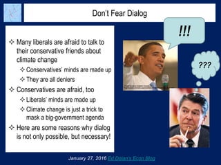 Don’t Fear Dialog
 Many liberals are afraid to talk to
their conservative friends about
climate change
Conservatives’ minds are made up
They are all deniers
 Conservatives are afraid, too
Liberals’ minds are made up
Climate change is just a trick to
mask a big-government agenda
 Here are some reasons why dialog
is not only possible, but necessary!
January 27, 2016 Ed Dolan’s Econ Blog
!!!
???
 