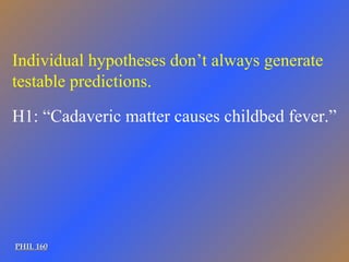PHIL 160 Individual hypotheses don’t always generate testable predictions. H1: “Cadaveric matter causes childbed fever.” 